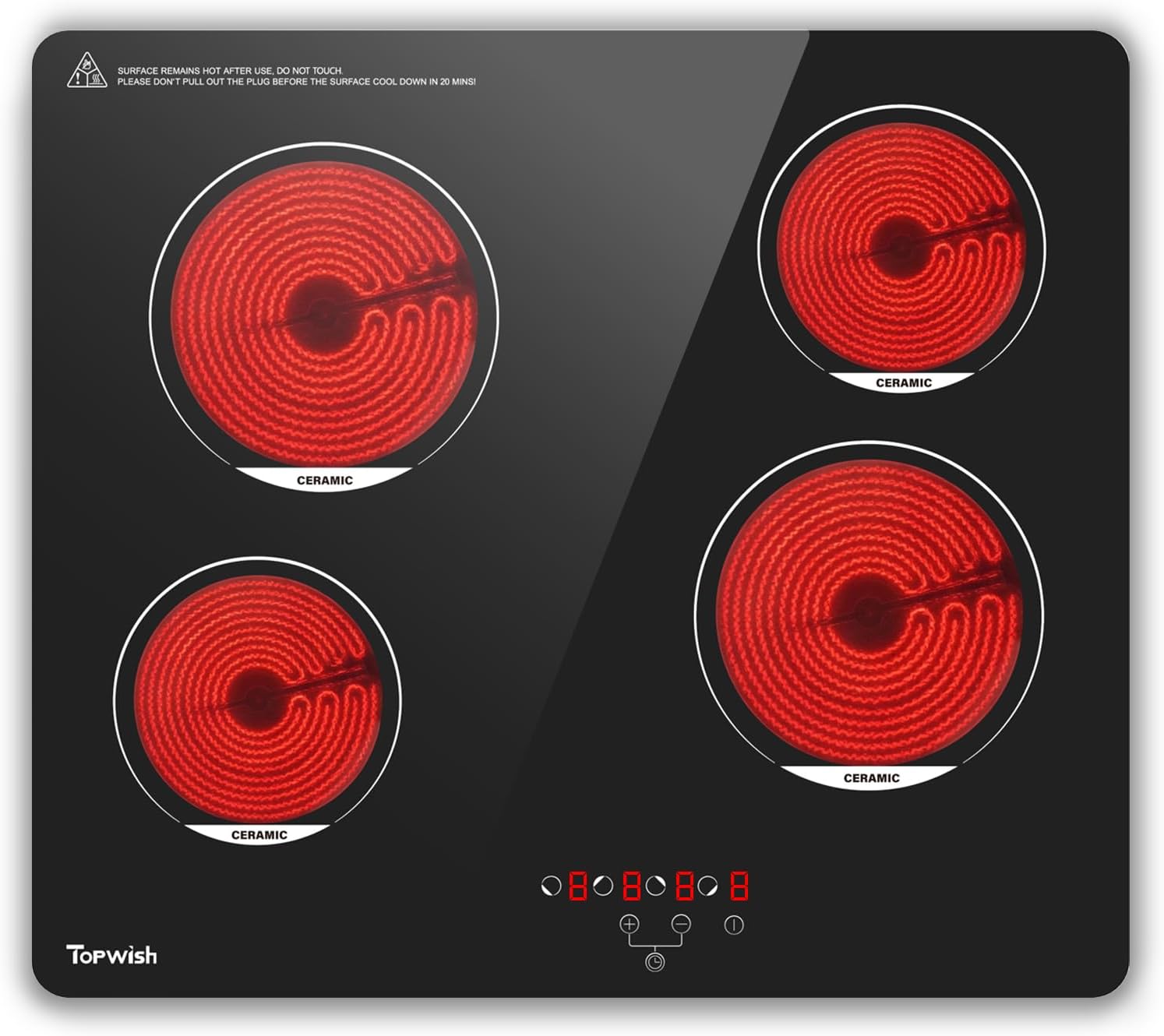 4 Burner Electric Cooktop, TOPWISH 24 Inch, Built-in Electric Stove Top, 220-240v Radiant Cooktop with Child Lock, Touch Control, Residual Heat Indicator, Overheat Protection, Hard Wire (No Plug)