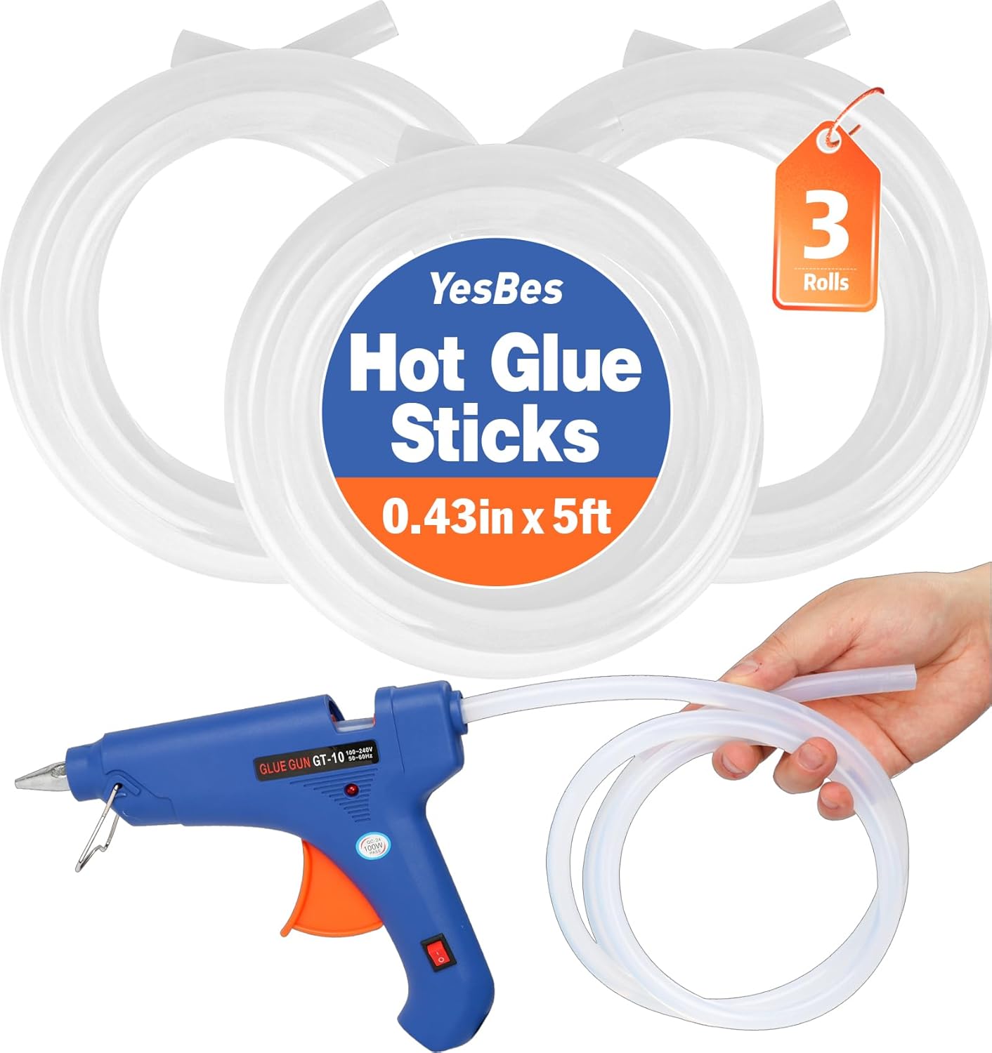 3 Pack Hot Glue Sticks Rolls, Full Size 5 FT Long x 0.43" Diameter Glue Sticks for Glue Gun, Widely Used in Wood, Metal, Glass, Plastic, Floral, Fabric, and More