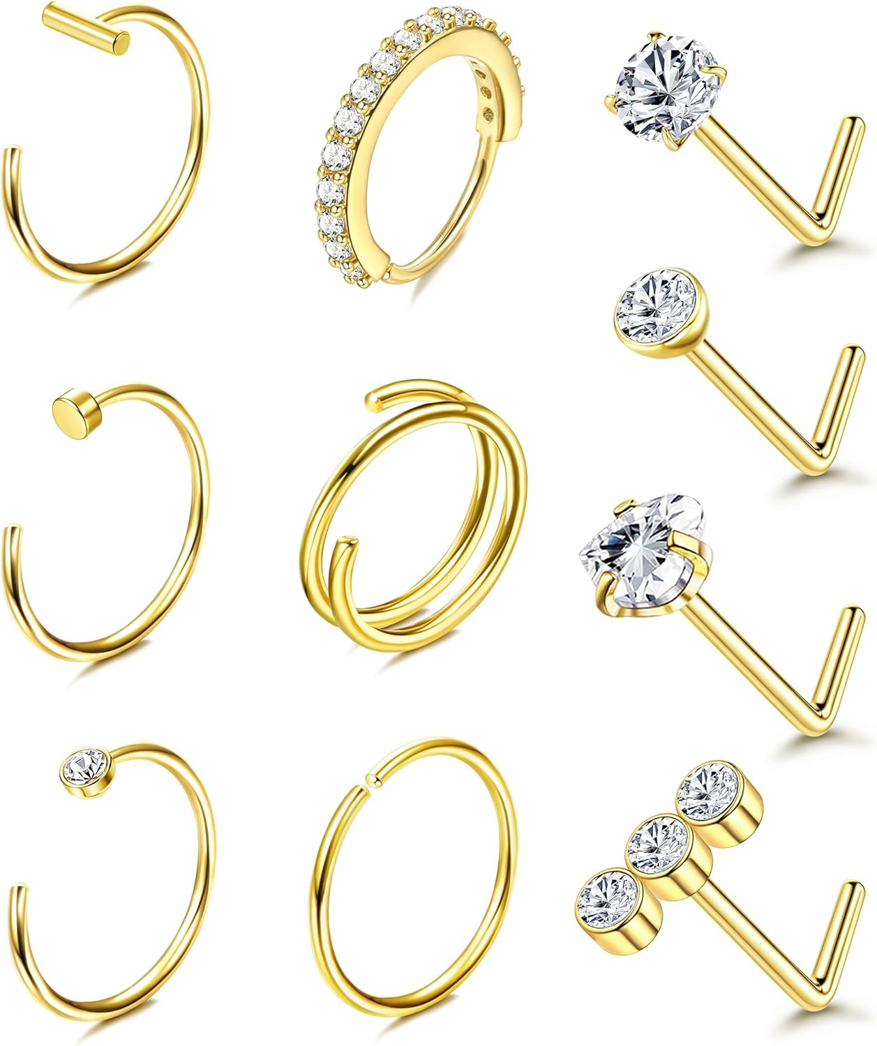 BESTEEL 14K Gold Filled Nose Ring Studs 20G Nose Rings Hoops Stud 316L Stainless Steel Nose Rings Round CZ Heart Simulated Diamond L Shaped Nose Stud Hypoallergenic Nostril Piercing Jewelry for Women Men 10Pcs