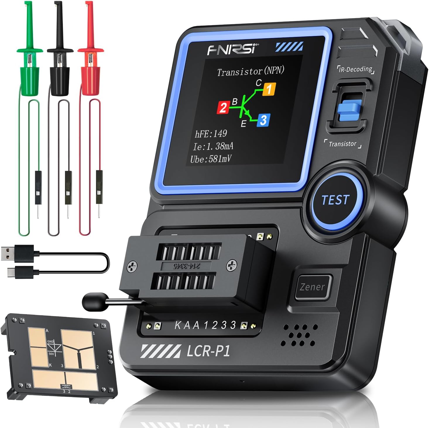 FNIRSI LCR-P1 Transistor Tester, Mosfet Transistor Capacitor Tester, SMD Electronic Component Tester, Diode Triode Zener Diode Resistance Inductance Battery Test LCR Meter MOS PNP NPN ESR Meter