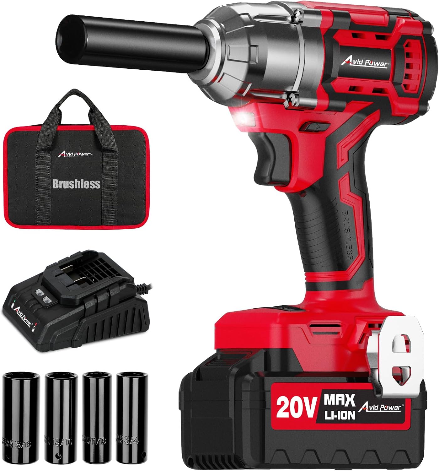 AVID POWER 1/2 Brushless Impact Wrench, 20V Cordless Impact Gun with 3 Variable Speed, Max Torque 350ft (500N.m), 3.0Ah Lithium-Ion Battery, 4 Sockets
