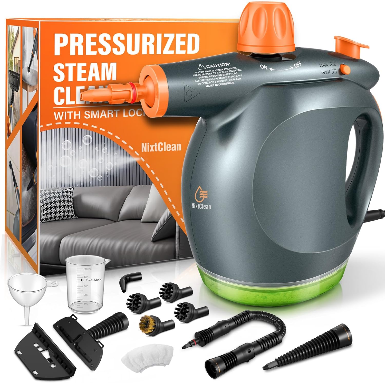 1250W Powerful Handheld Steam Cleaner with Detergent Container and Safety Lock, Multifunctional and Pressurized Hand Held Steamer for Kitchen, Bathroom, Windows and Floors, Steamer for Cleaning