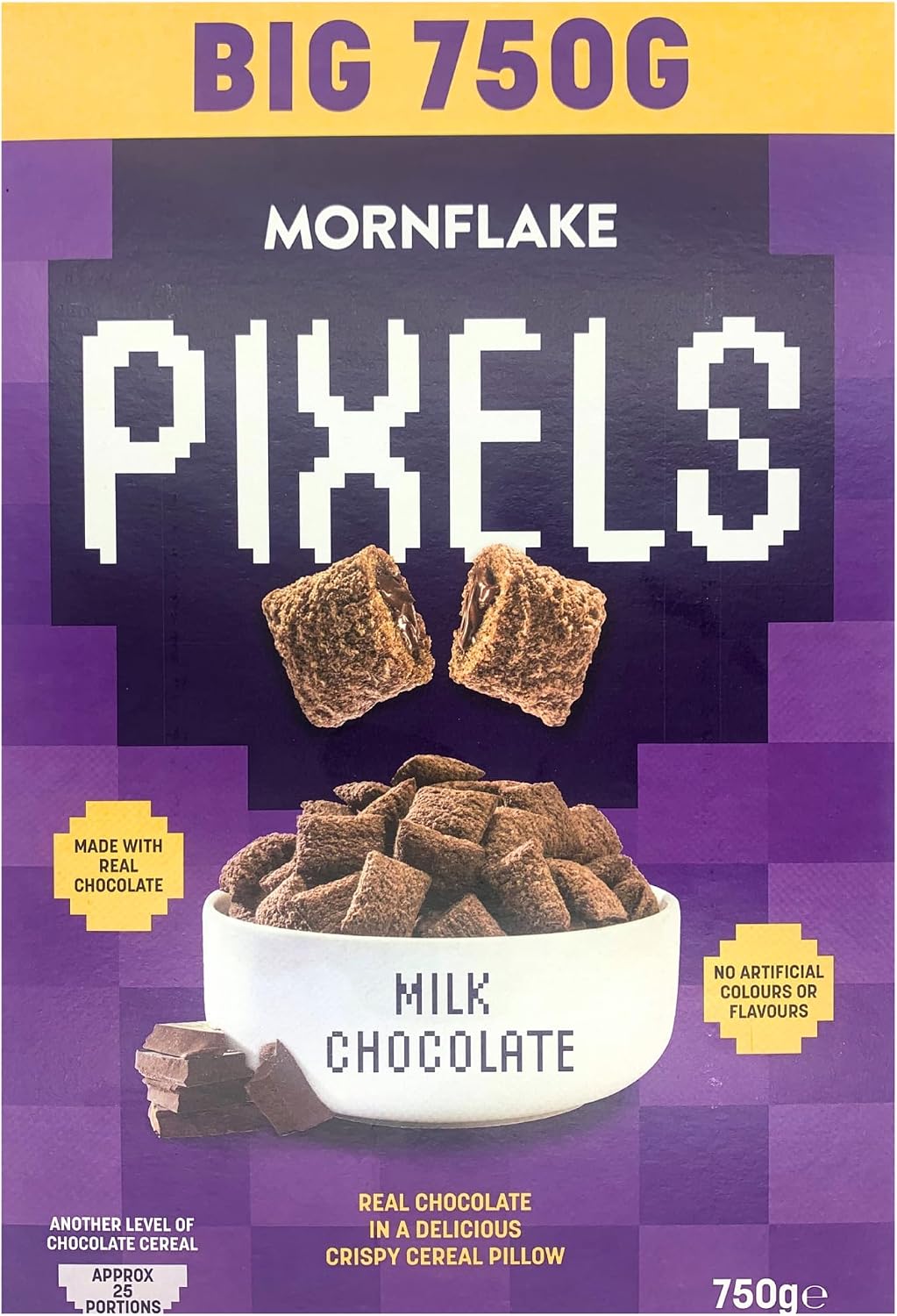 Mornflake - Pixels Chocolate Cereal Crispy Breakfast Cereal Pillows 1x 750g Vegetarian Milk Chocolate Cereal. Wheat Pillows Filled With Real Chocolate Filling