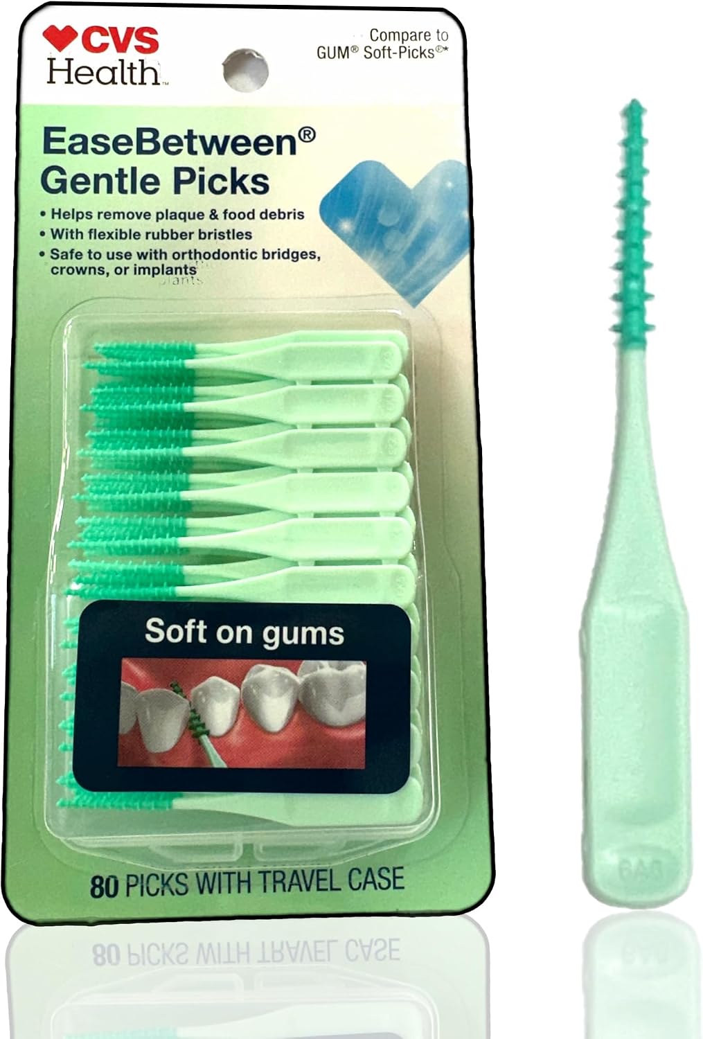 CVS Health 80pc Premium Quality Soft Bristle EaseBetween Gentle Picks Flexible Rubber Bristles Safe On Braces Bridges Crowns Implants - Includes Convenient Travel Case