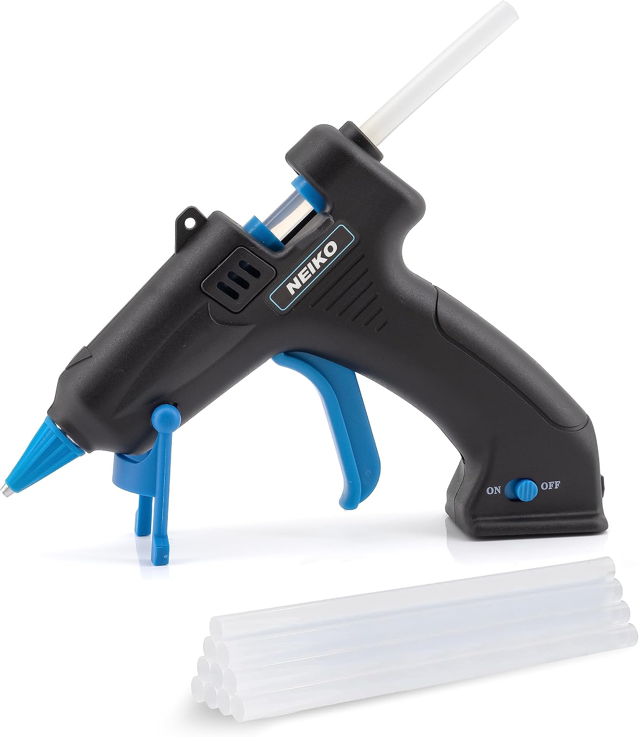 NEIKO 02660A Cordless Glue Gun, 15W Rechargeable Hot Glue Gun, 10 Glue Sticks Included, Wireless Anti Drip Nozzle Mini Glue Gun with Stand for Arts and Crafts, Mini USB Charging Port, Insulated Nozzle