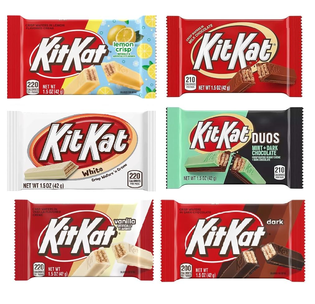 Hershey's KitKat 6 Bars Variety Assortment Mix Bundle Pack Chocolate Candy Singles - Milk - Dark- Mint - Mocha - Strawberry - Blueberry Muffin, 1.5 ounces