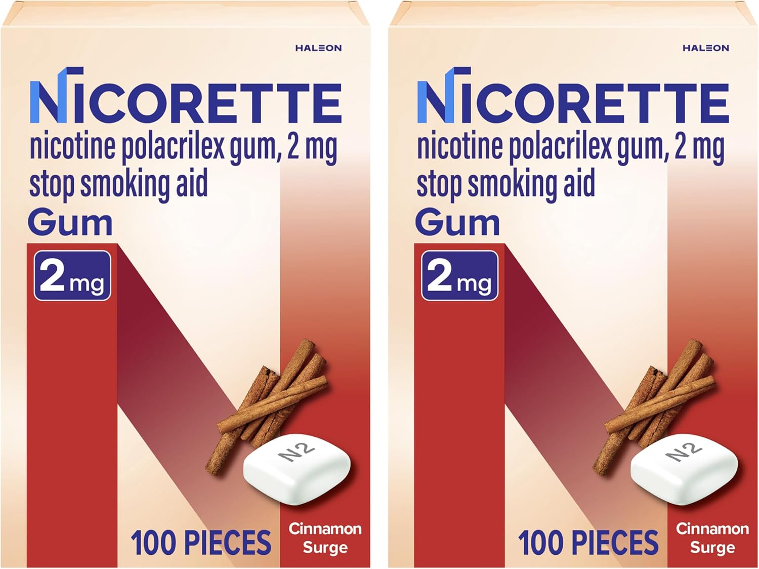 Nicorette Nicotine Gum 2mg, Quit Smoking Aid, Cinnamon Surge, 100 Ct, 2 Pk | Reduces Nicotine Cravings and Withdrawal Symptoms, Intense Craving Relief, Portable Smoking Cessation Gum