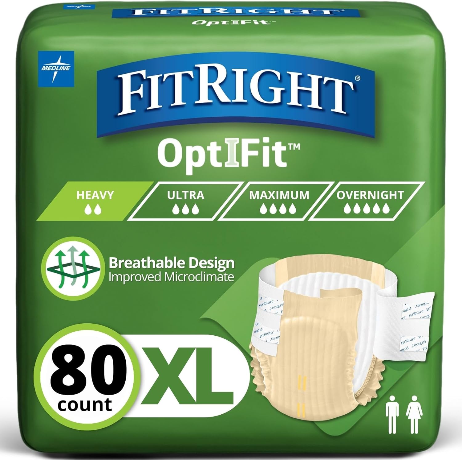 OptiFit Extra Adult Briefs with Tabs, Moderate Absorbency, X-Large, 57"-66", 4 Packs of 20 (80 total)