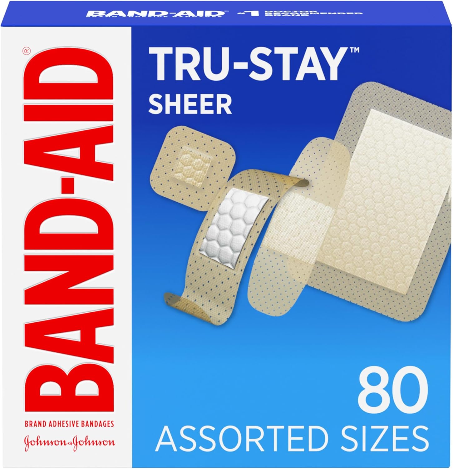 Band-Aid Brand Tru-Stay Sheer Strips Adhesive Sterile Bandages for First Aid & Wound Protection, Individually Wrapped Wound Care Bandages for Minor Cuts & Scrapes, Assorted Sizes, 80 ct
