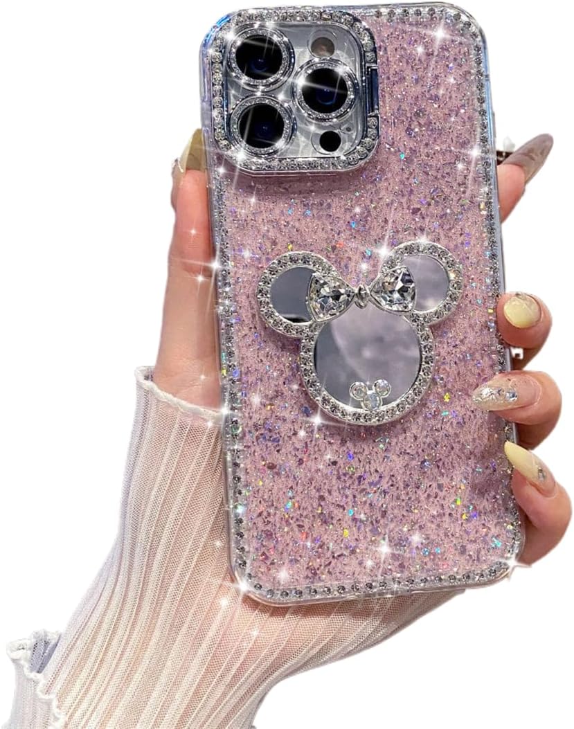 Glitter Camera Stand for iPhone 16 pro max Case with Bling Diamond Lens Protector for Women Girls 3D Cute Mirror Bumper Design Soft TPU Shockproof Protective Case (Mouse)