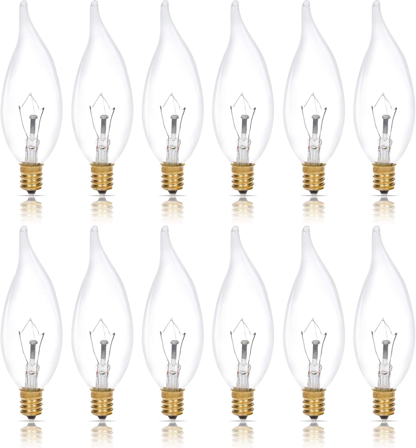 Simba Lighting Candelabra Flame Tip Clear CA10 25W E12 Base (12 Pack) Decorative Incandescent Light Bulbs 120V for Chandeliers, Ceiling Fan Lights, Pendants, Wall Sconces, Dimmable, Warm White 2700K