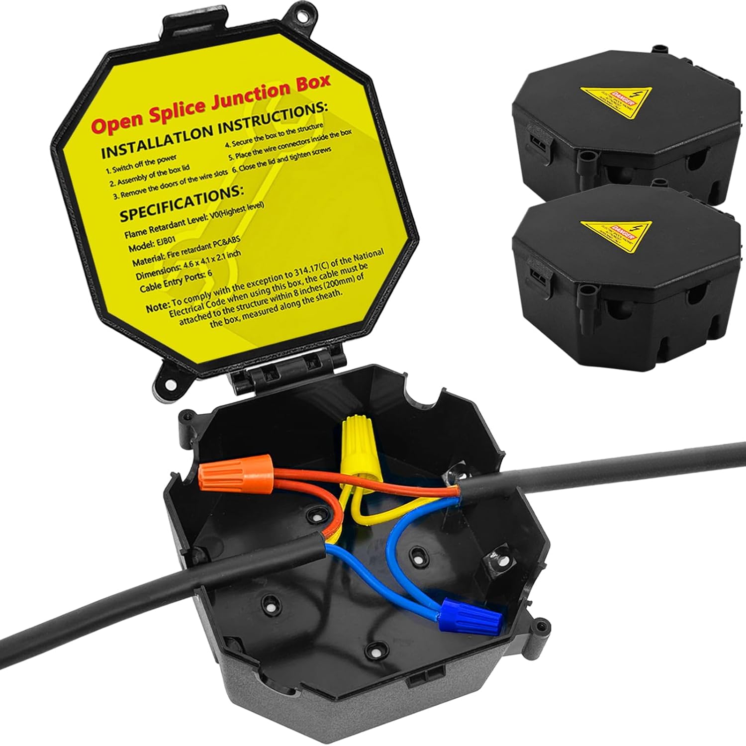 Black Open Splice Junction Box (2 Pack), Electrical Splice Box Wire Junction Box with Cover V0 Flame Retardant Rating(Highest Level)