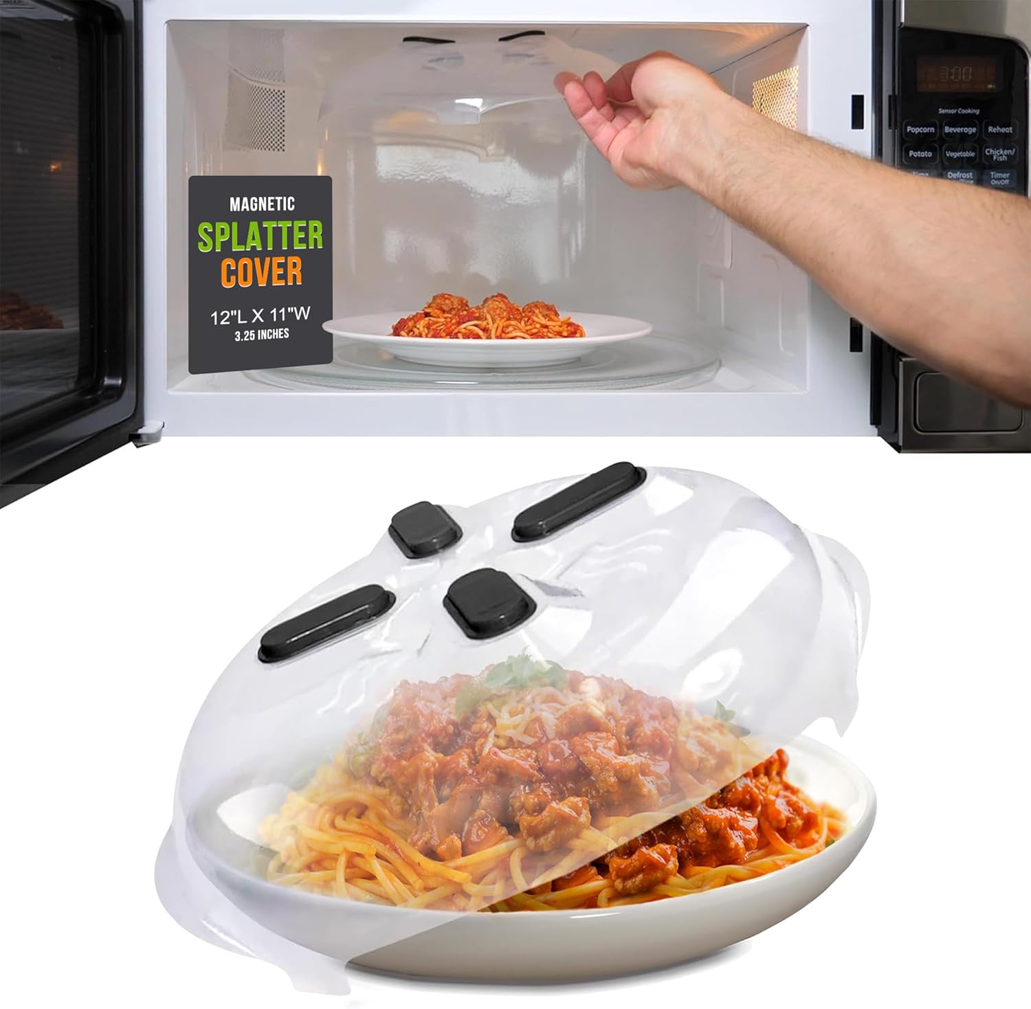 Magnetic Splatter Cover, 12-Inch Clear BPA-Free Food Lid, Vented Plate Guard with Steam Vents, Anti-Splash Microwave Lid, Dishwasher Safe, Space-Saving Magnetic Storage - Onyx