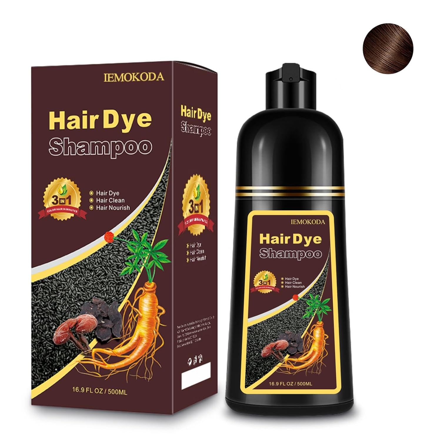 Dark Brown Hair Dye Shampoo 3 in 1, Instant Natural Hair Color Shampoo for Women Men 100% Gray Hair Coverage Champu Para Canas Mujer, Lasting 3-4 Weeks & Easy to Use & All Hair Types, 500ml