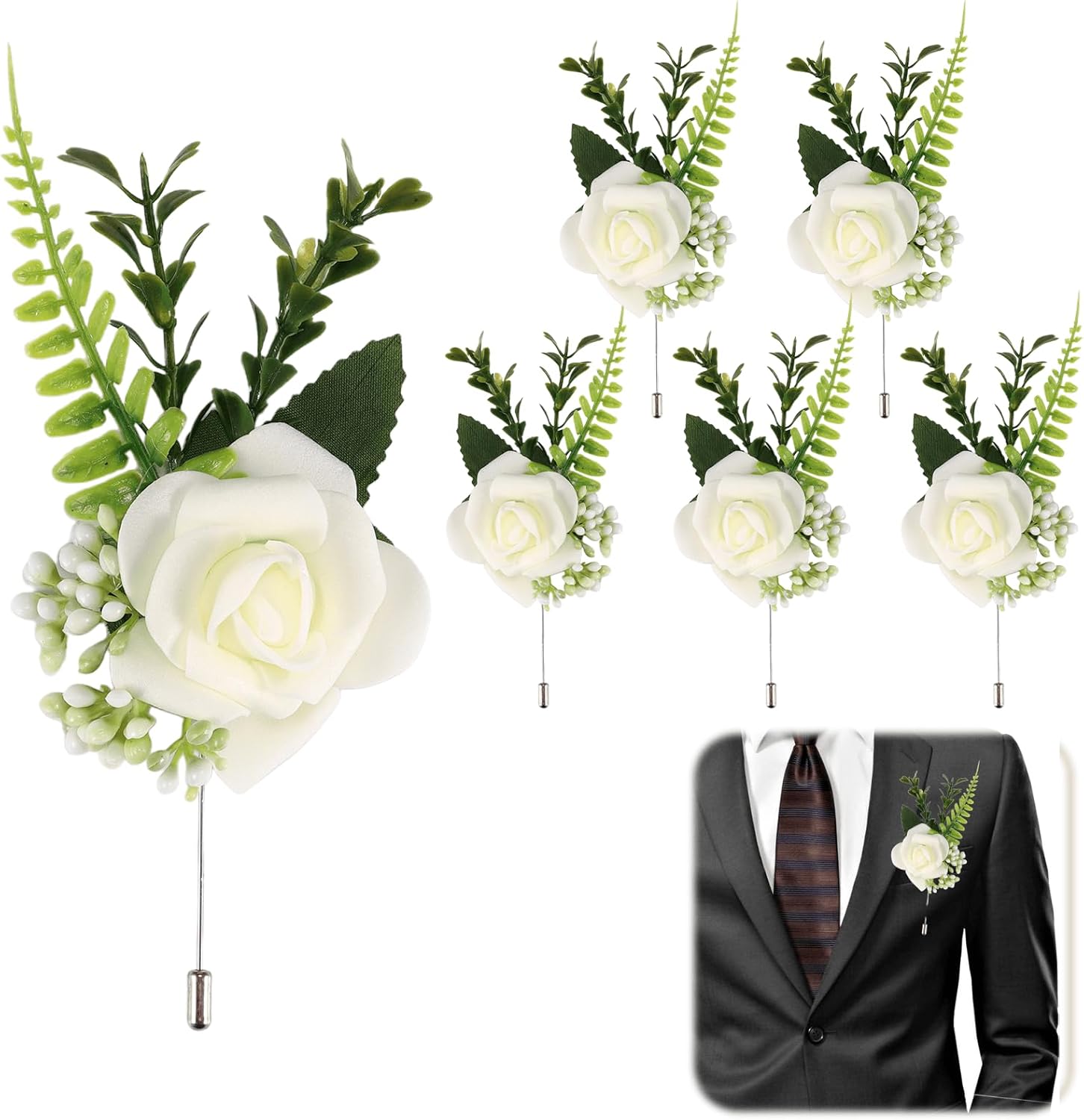 BESSVWELL 6PCS Rose Wedding Boutonniere, Flower Corsage Button Holes Flowers Wedding White Roses Artificial Flowers Corsage, Wedding Flower Buttonhole Corsage For Groom Men Bridal Women Suit Dress