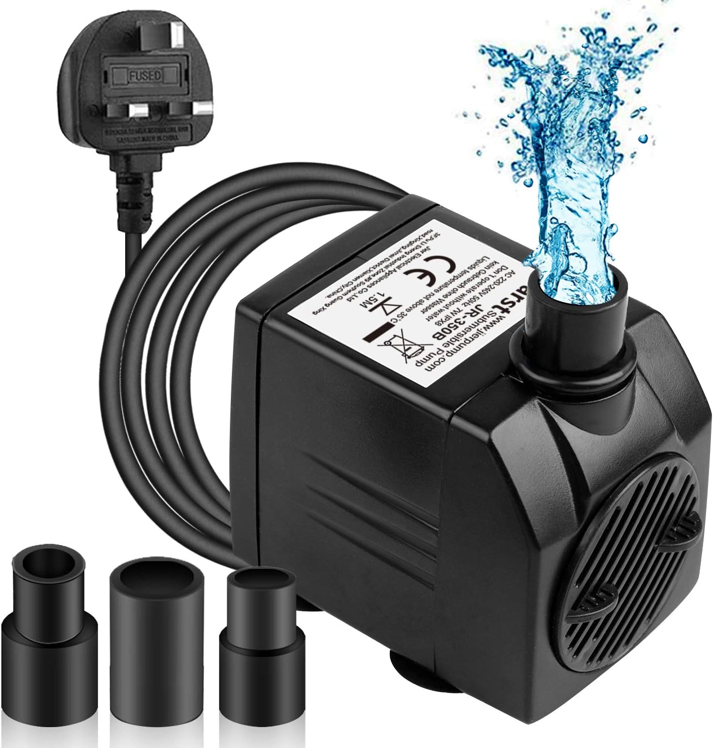 BARST - 350L/H Submersible Pump - Ultra Quiet Water Pump (7W) with 4 Strong Suction Cups and 3 Nozzles - for Aquariums, Ponds, Hydroponics, Water Fountains