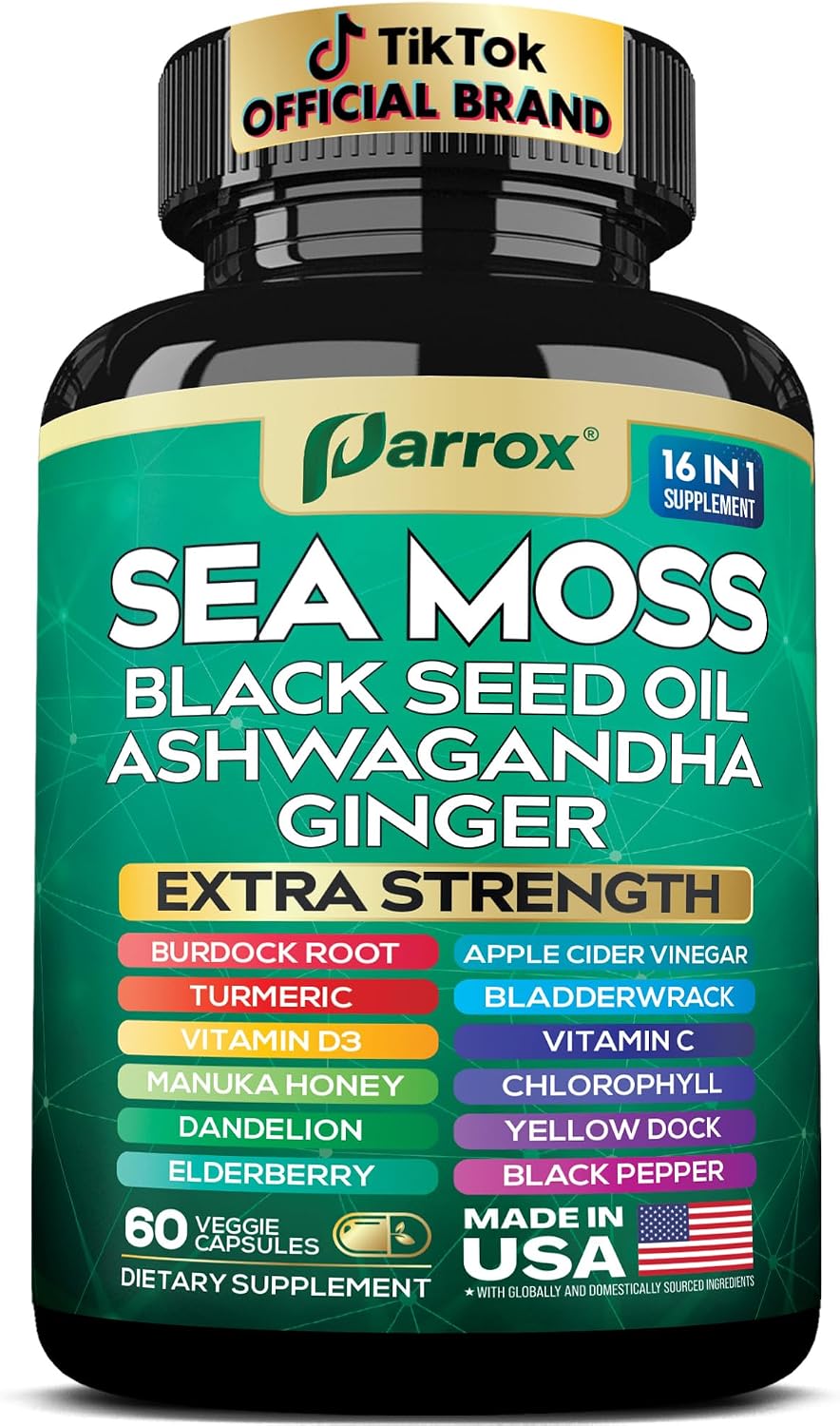 Sea Moss, Black Seed Oil, Ashwagandha, Turmeric, Chlorophyll, Dandelion, Ginger, Vitamin D3, Black Pepper, Elderberry, ACV, Yellow Dock, Burdock Root, Manuka, Vitamin C, Bladderwrack (60 Caps)