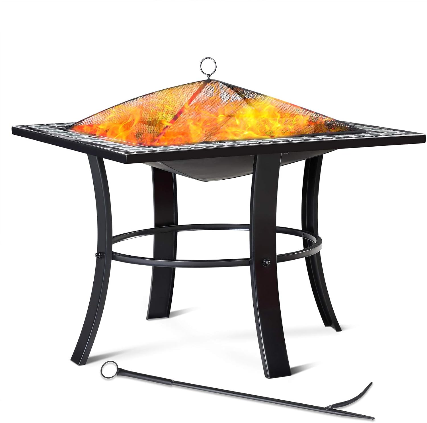 GARDEBRUK® Runedak Square Mosaic Garden Fire Pit | 76x76cm | Real Stone Tile Mosaic Decorated Edge | Fire Grate Spark Arrestor Cover Grid and Hook Included | Outdoor Log Burner