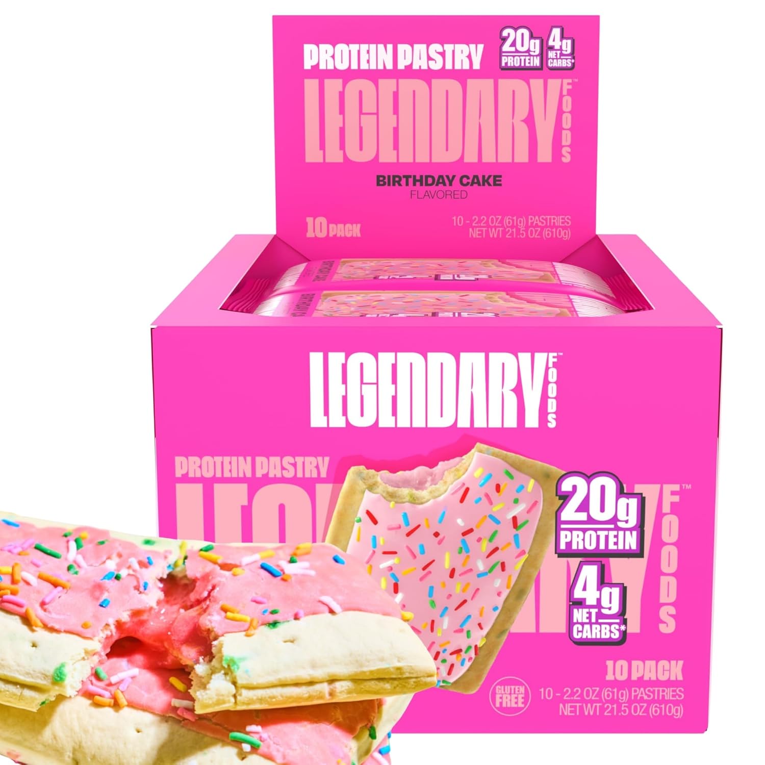 Legendary Foods 20g Protein Pastry - Low Carb Meal Replacement Bar - Low Glycemic, Gluten Free Protien Snacks - Healthy Keto Snack Box, 10x Zero Sugar Energy Bars - Bariatric Diabetic Friendly
