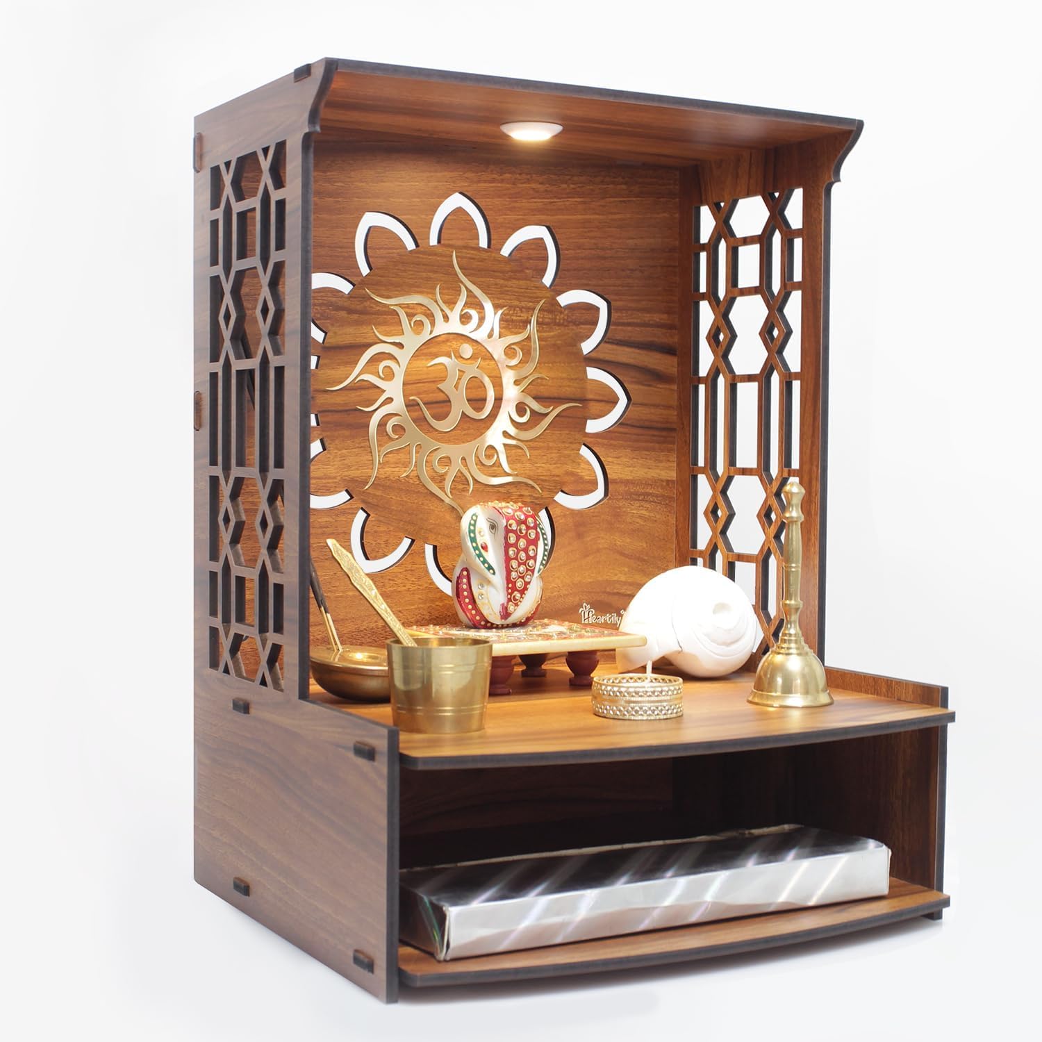 Beautiful Wooden Pooja Stand for Home Pooja Mandir for House/Temple for Mandir and Office Puja Mandir for Home Wall Mounted with LED Spot Light Size Medium (Mangal)