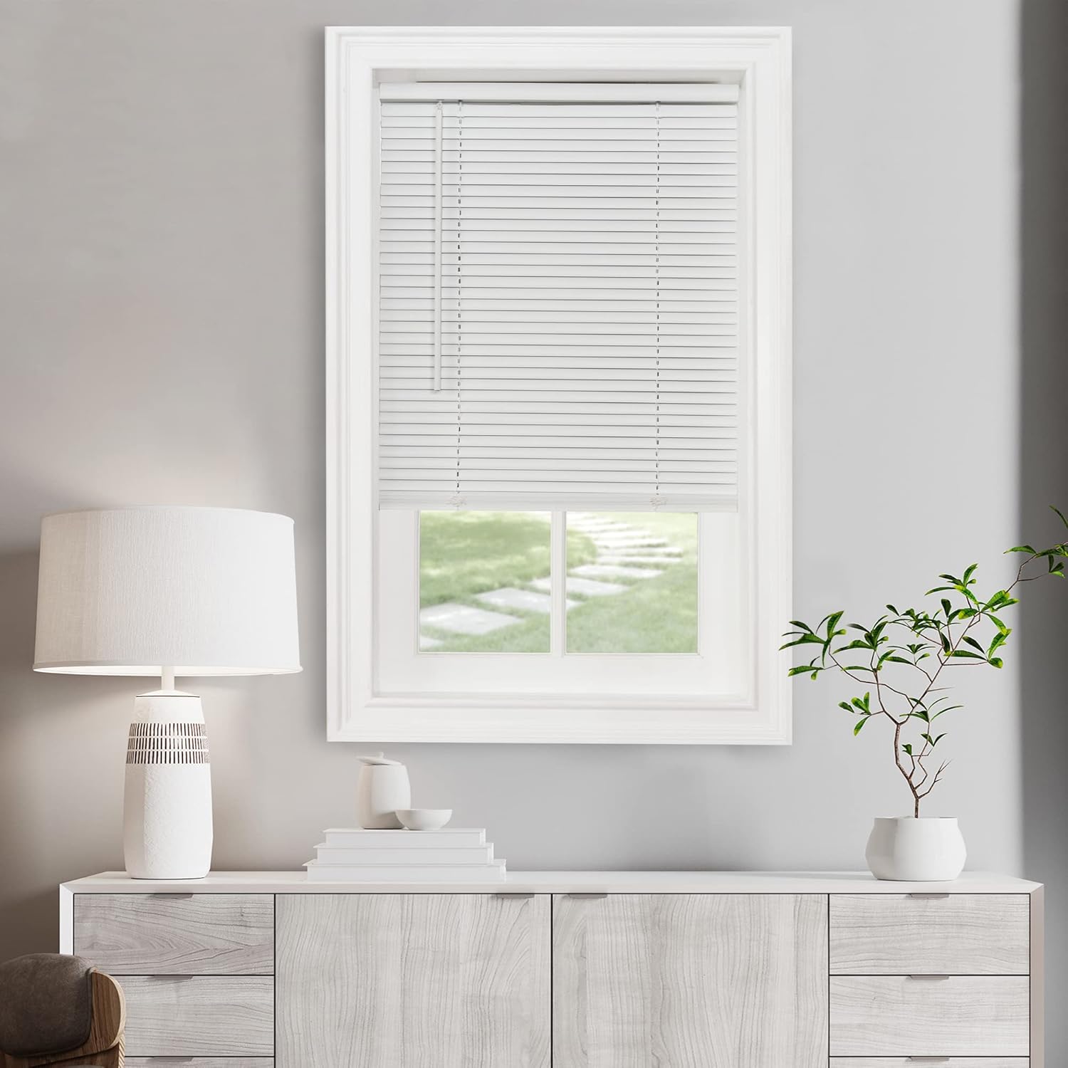 Cordless Light Filtering Mini Blind - 25 Inch Width, 64 Inch Length, 1" Slat Size - Pearl White - Cordless GII Morningstar Horizontal Windows Blinds for Interior by Achim Home Decor