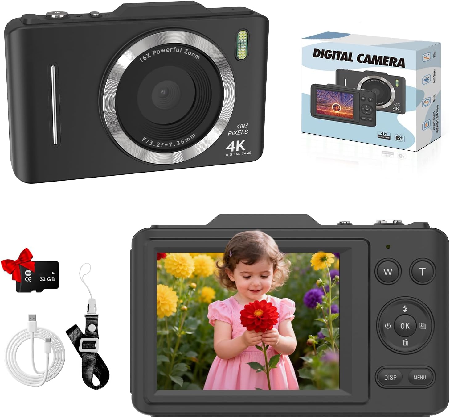 Digital Camera, 1080P FHD 4K 48MP Autofocus Compact Digital Camera with 2.8" LCD Screen, 16X Digital Zoom Digital Cameras with 32GB Card, Vlogging Camera for Kids Beginners Teens Students, Black