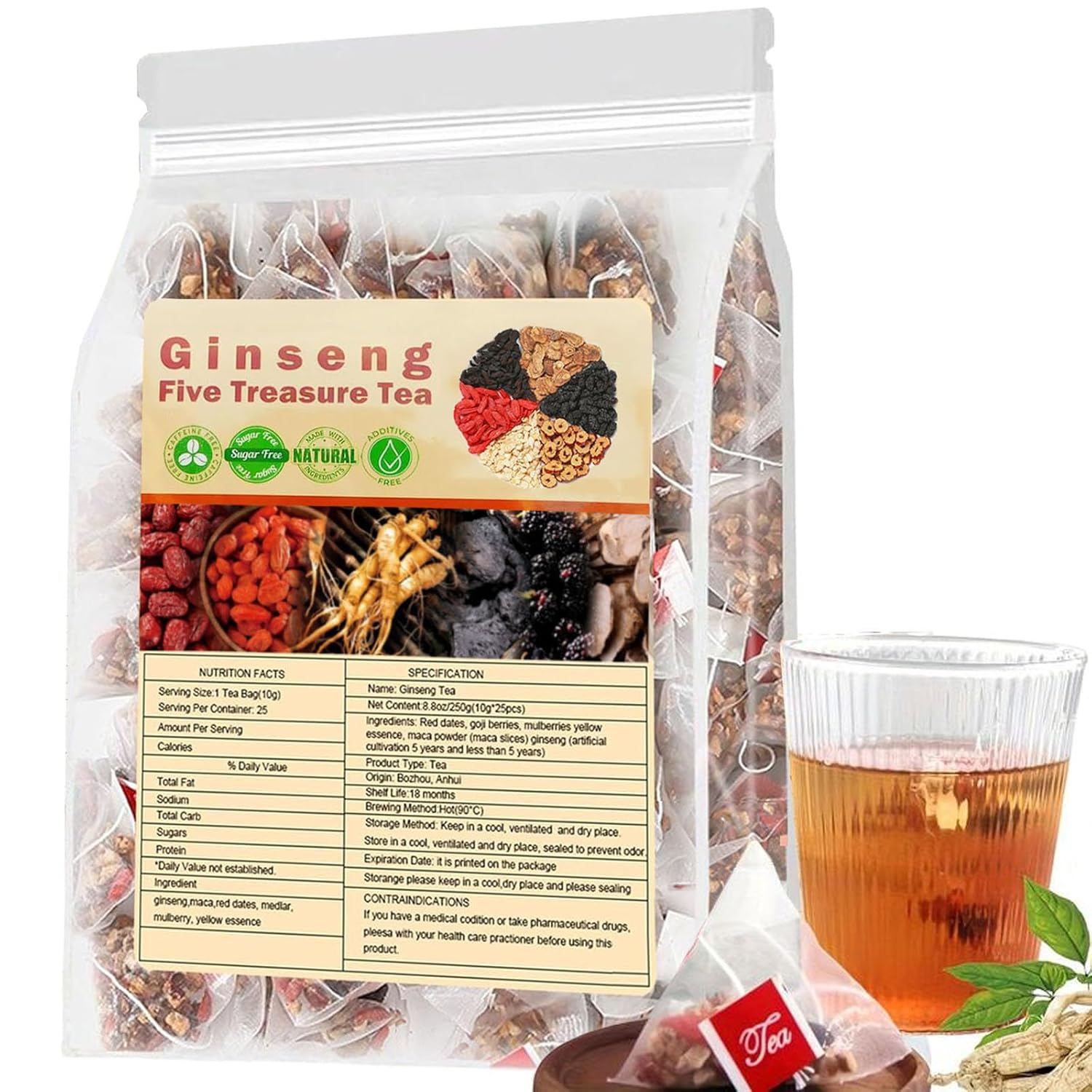 Ginseng Five Treasure Tea - Kidney Tea Formula Ginseng Five Treasure Wubao Herbal Cleanse Chinese Teas for Men Women (1Pack(25Bags))