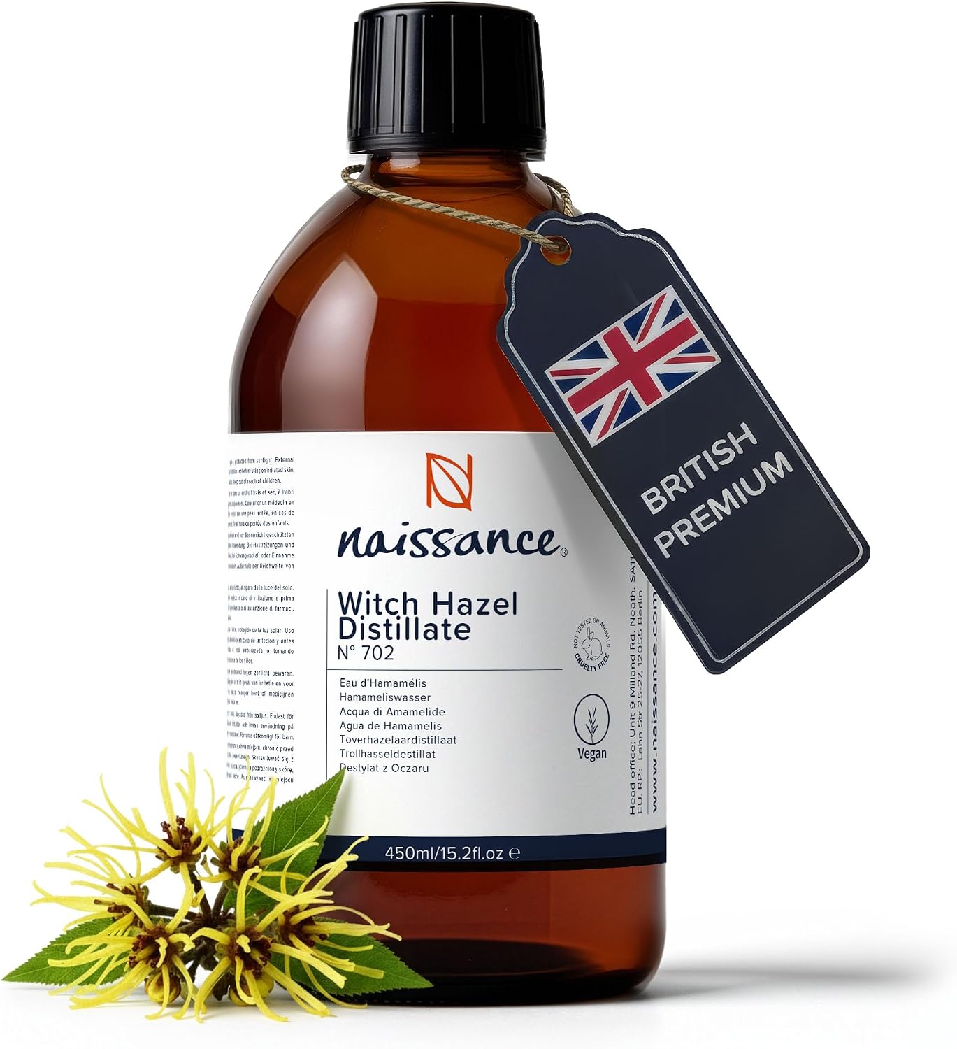 Naissance Distilled Witch Hazel (No. 702) - 450ml - Non-Alcoholic, Pure, Natural - Cleansing & Toning - for Aromatherapy, Skincare and DIY Beauty