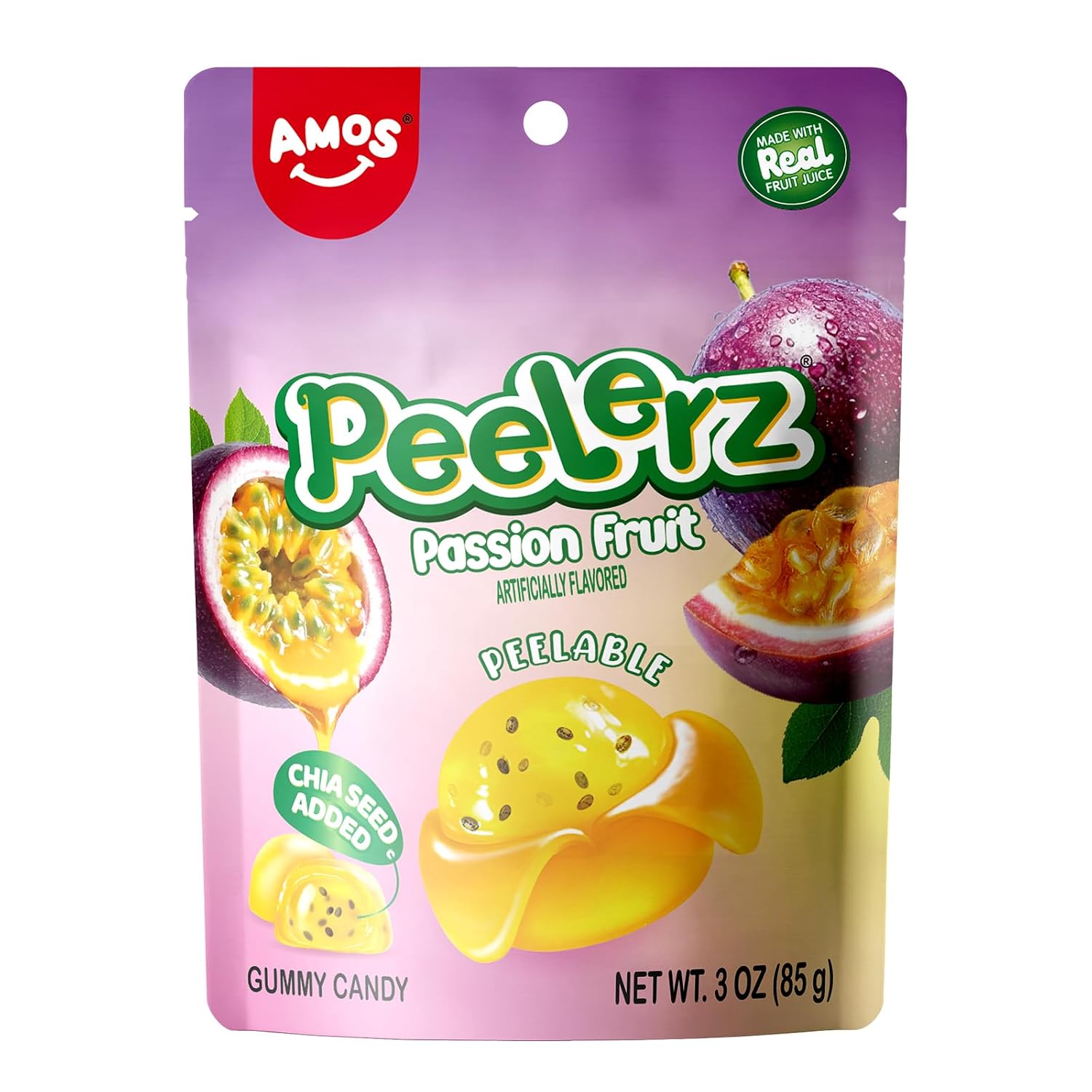 AMOS Peelerz Passion Fruit 85 g – Tropical Snack, Pre-Peeled Style Passion Fruit Candy,Fruity Flavor & Peelable Texture, Ready-to-Eat Snack Pack