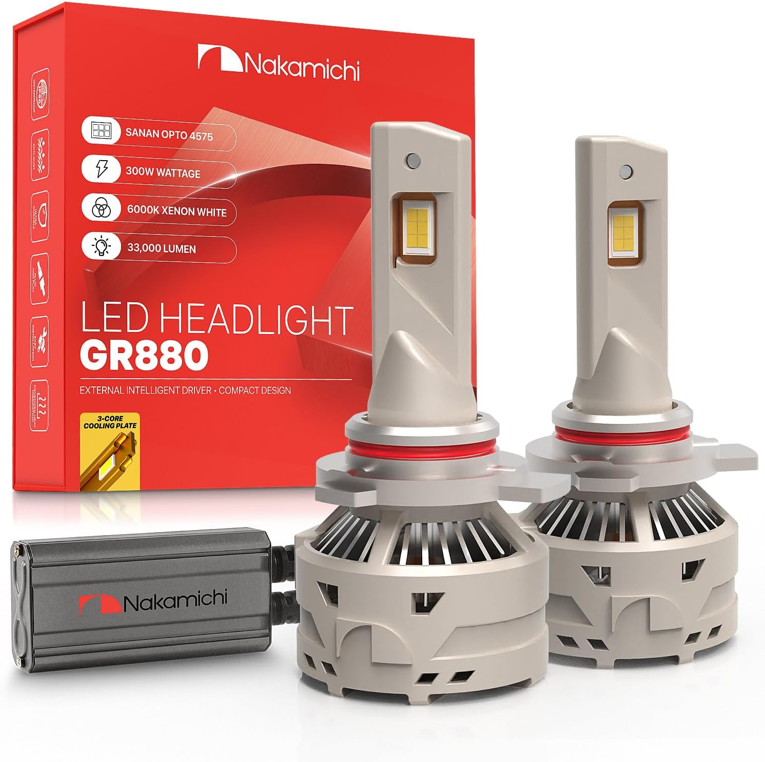 Nakamichi GR880 Series 9012 LED Light Bulbs for Replacement, 33,000 Lumens 300W Per Set, Super Bright Xenon White, Plug and Play, High & Low Beam, Pack of 2, 6000K, 9012 (HIR2)