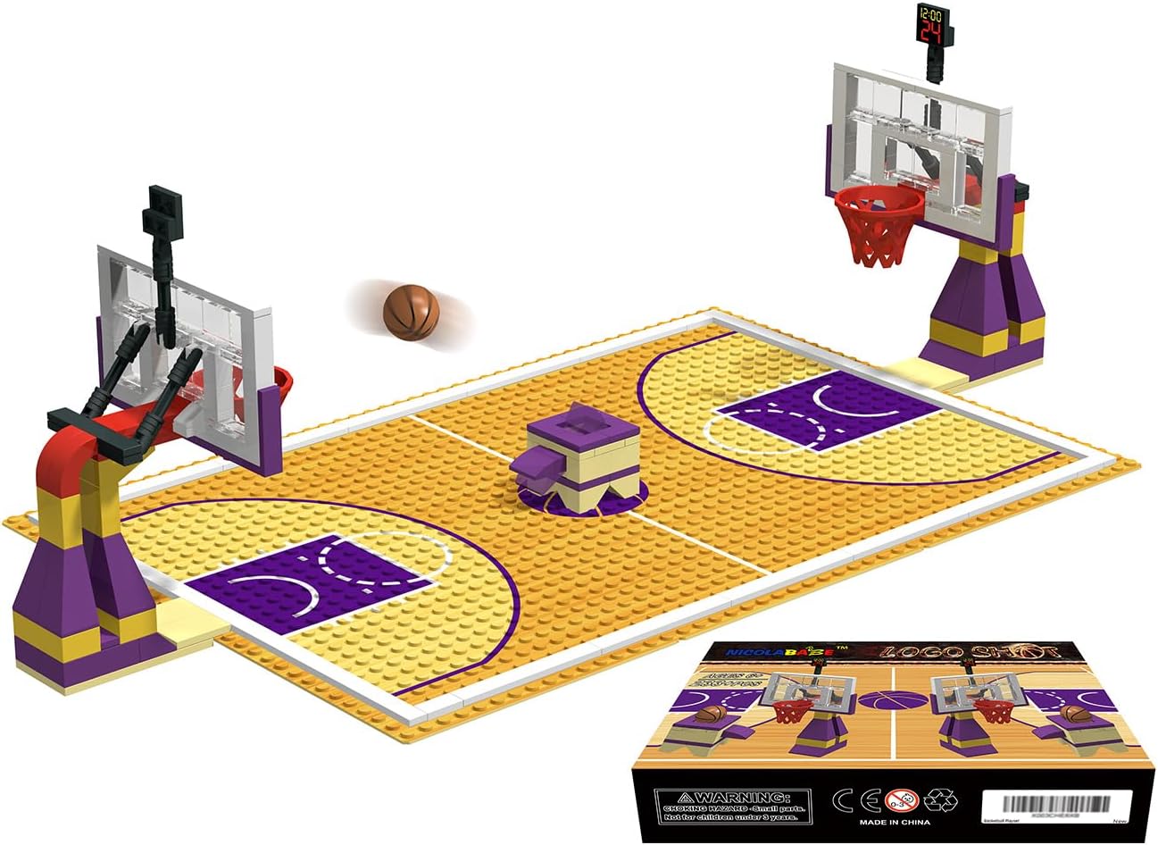 Building Blocks - Basketball Court Baseplates and Sets of 2 Basketball Hoop Basketball Goal Building Bricks for Basketball Game - Compatible with Major Brands (Basketball Playset/Purple)