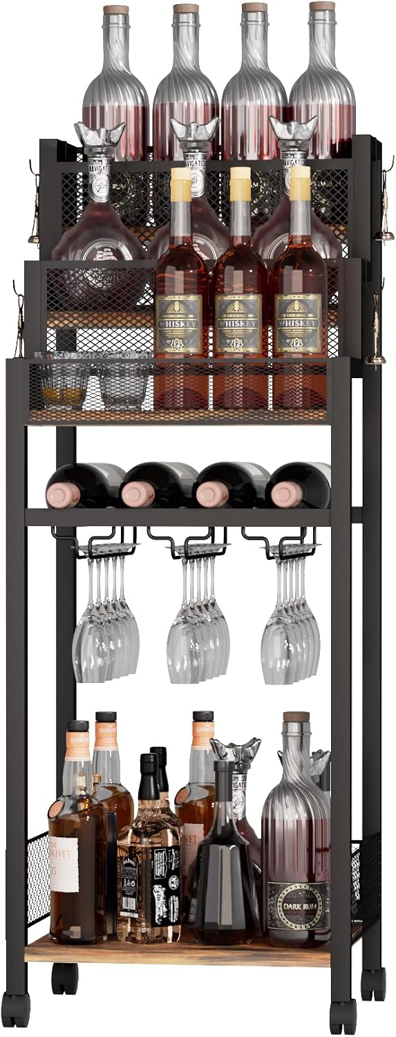 Bar Cart with 3-Tier Shelf, Home Bar Serving Cart, Drink Cart with Wheels, Microwave Cart, Rolling Bar Carts for Kitchen, Bar, or Cellar