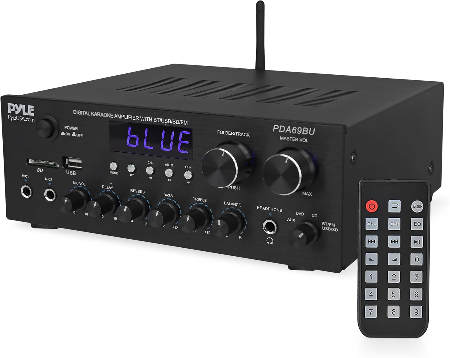 Pyle Home Karaoke Amplifier Receiver with Bluetooth Streaming, 200 Watt Peak, Dual Mic Inputs with Delay and Reverb, 2.0 Channel Hi Fi Sound System, USB-A Input w MP3 Player, RCA/Aux Inputs - PDA69BU