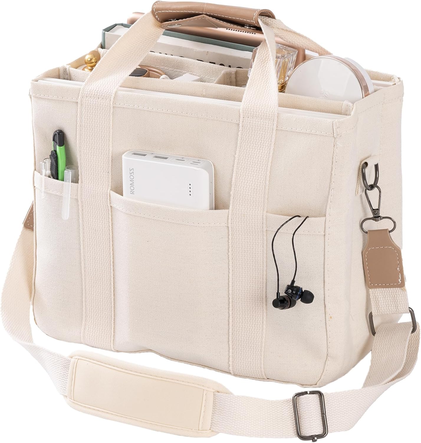 Canvas Tote Bag with Multi Pockets Crossbody Tote Bag for Women Bible Handbag Everything Tote Bags with Compartments