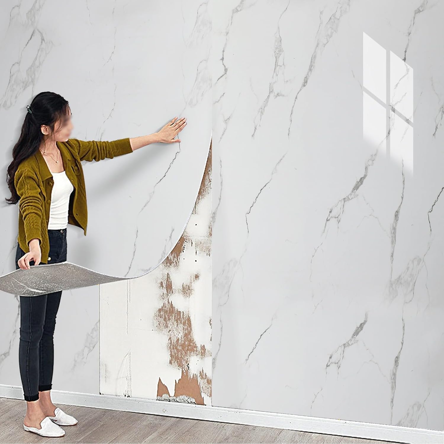 Tarwanear Marble Tile Stickers 300cm x 40cm 1 Roll Self Adhesive Wall Tiles Bathroom Waterproof Peel and Stick Wall Moulding Panels PVC Stick on Tiles for Home Decor Kitchen,White