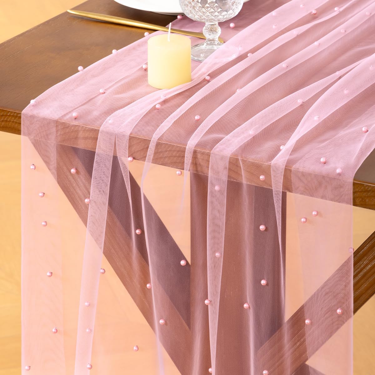 Socomi Pearl Gauze Table Runner Spring Easter Sheer 10FT Tulle Dining Wedding Birthday Party Baby Shower Anniversary Holiday Centerpiece Table Decor 3pcs Pink