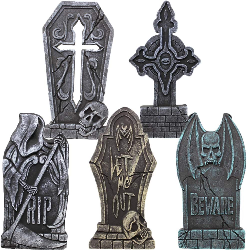 JOYIN 17” Halloween Decorations Outdoor Tombstones, 5 Pack Halloween Foam Graveyard Headstone Decorations with 12 Bonus Metal Stakes for Yard Lawn Outside Decor