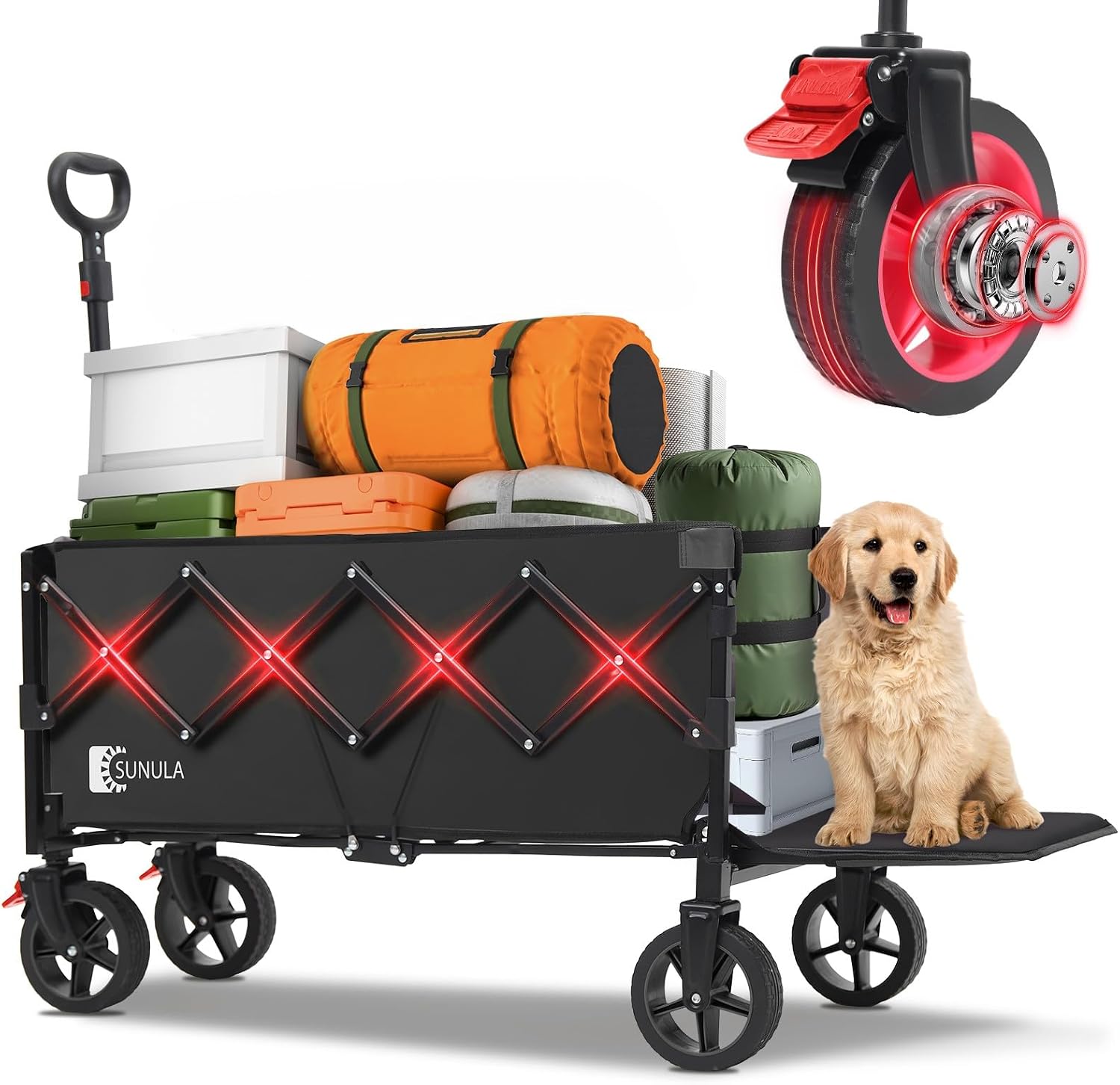 Sunula Lightweight Foldable Festival Trolley with Expandable Tailgate, 150kg Load Camping Wagon Cart with All-Terrain Wheels & Brakes for Beach Garden Grocery Shopping, 3025, Black