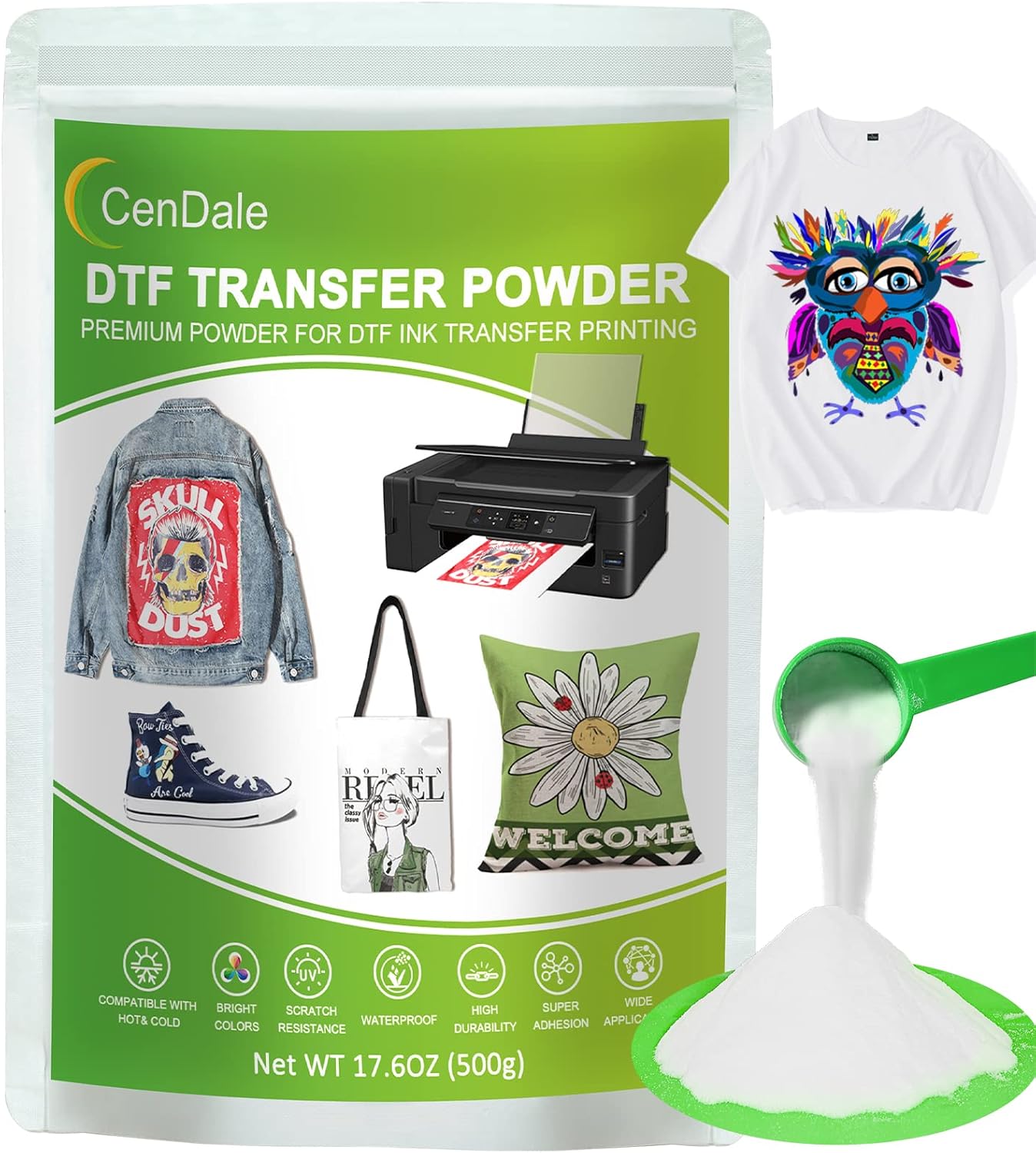 CenDale DTF Powder, 500g/17.6OZ White Hot Melt Adhesive Digital DTF Transfer Powder for Sublimation, Compatible with DTF and DTG Printers, DTF PreTreat Powder for All Fabric Jeans Cotton T-Shirt