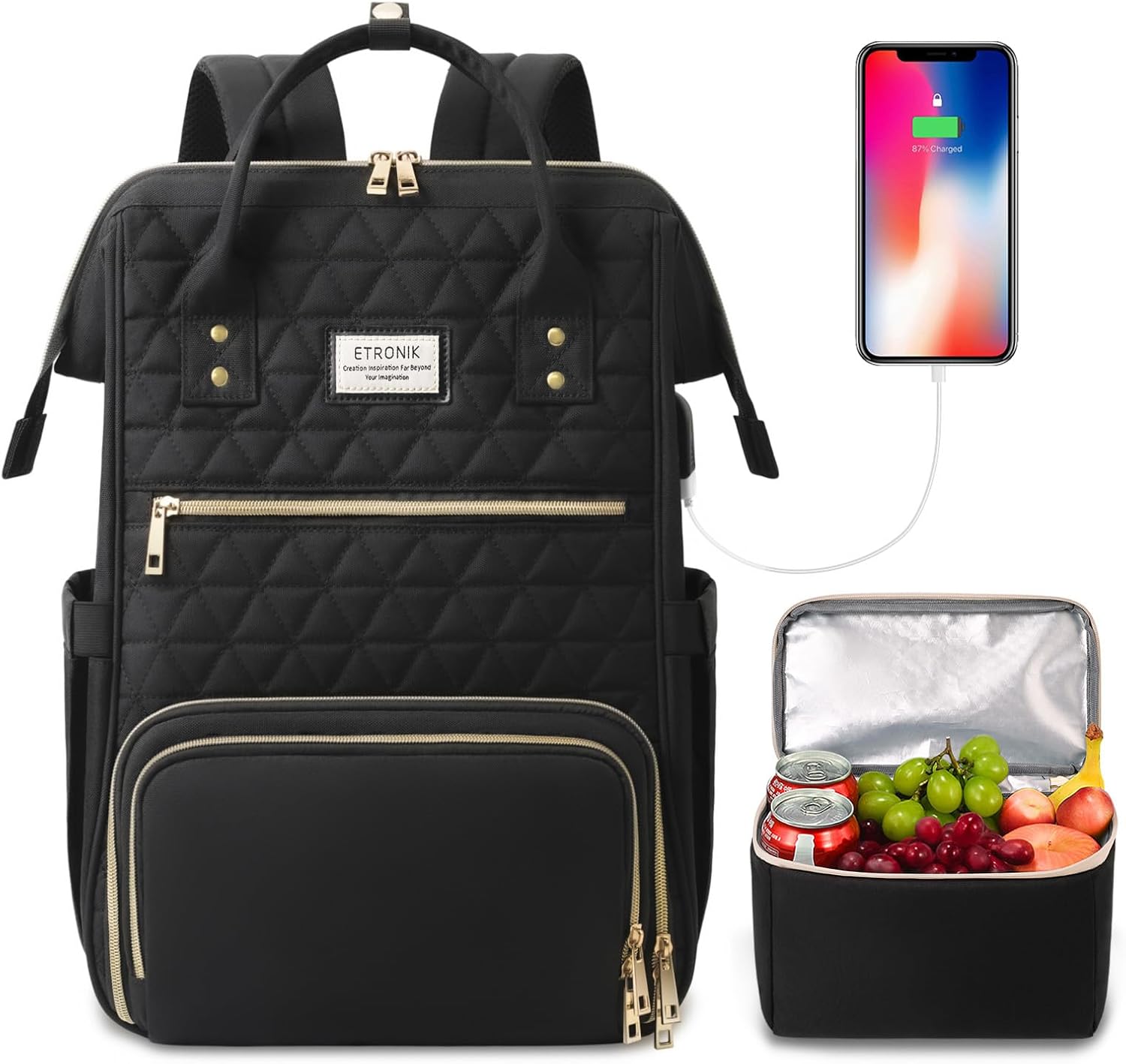ETRONIK Lunch Backpack for Women, 15.6 in Laptop Backpack with USB Charging Port, Teacher Nurse Work Backpack with Cooler Bag Insulated Laptop bag Gifts for Women Men, Black