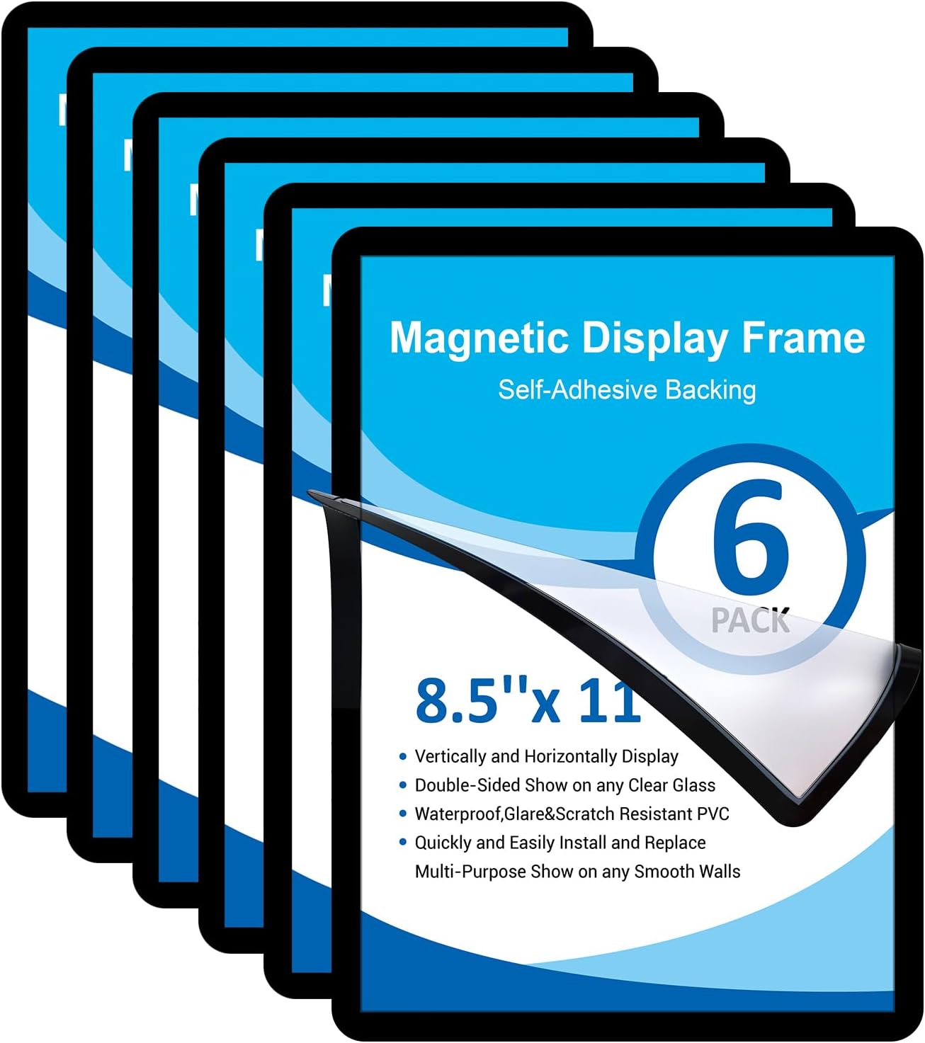Self-Adhesive Magnetic Sign Holder 8.5 x 11, Movable Sticky Document Frame for Glass Windows, 6 Pack Black Magnet File Window for Certificate Poster Flyer Picture with Adhesive Backing