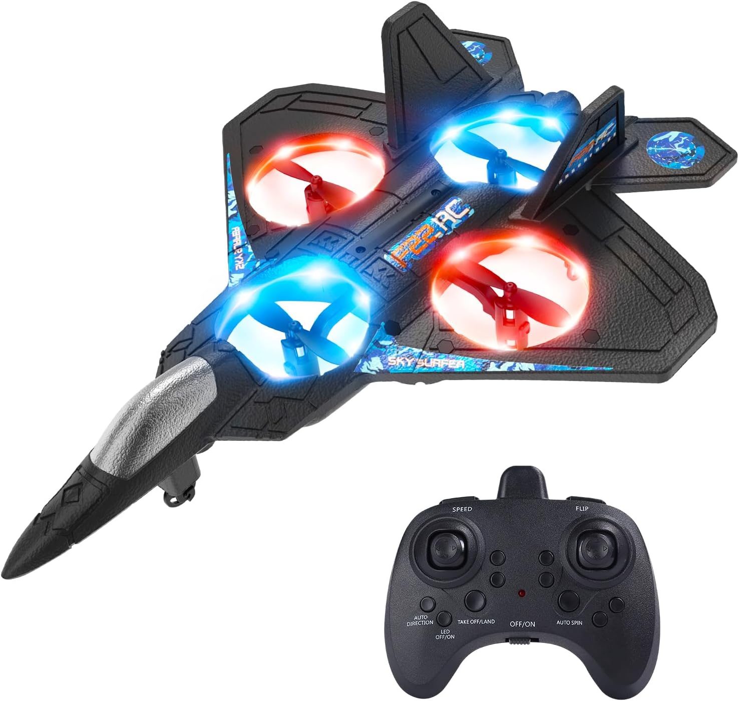 Foam RC Plane Drone for Kids, Remote Control Airplane Fighter Jet with LED Light, Auto Hover, 360°Flip, 2 Batteries (16 Mins Flight), Easy to Fly for Beginners
