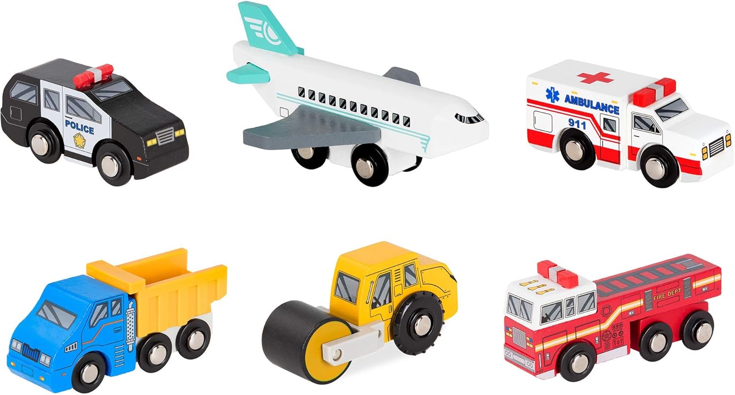 Battat – Wood Cars for Kids – 6pc Toy Vehicle Set – Mini Rescue & Construction Vehicles – Toddler Truck Toys – Wooden Play Cars – Wooden Vehicles Set 2 – 3 Years +, BT2706Z