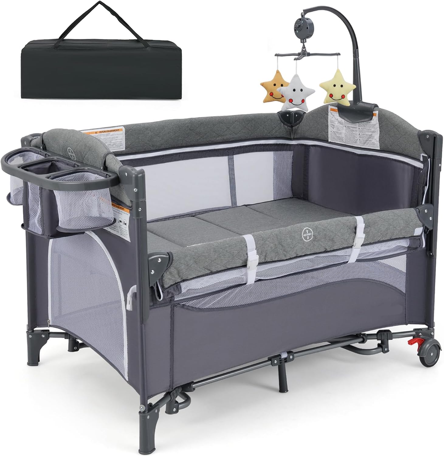 GYMAX Baby Travel Cot, 5-in-1 Portable Baby Bed Playard with Changing Table, Storage Pocket and Hanging Toys, Adjustable Infant Bassinet Nursery Center (Classic)
