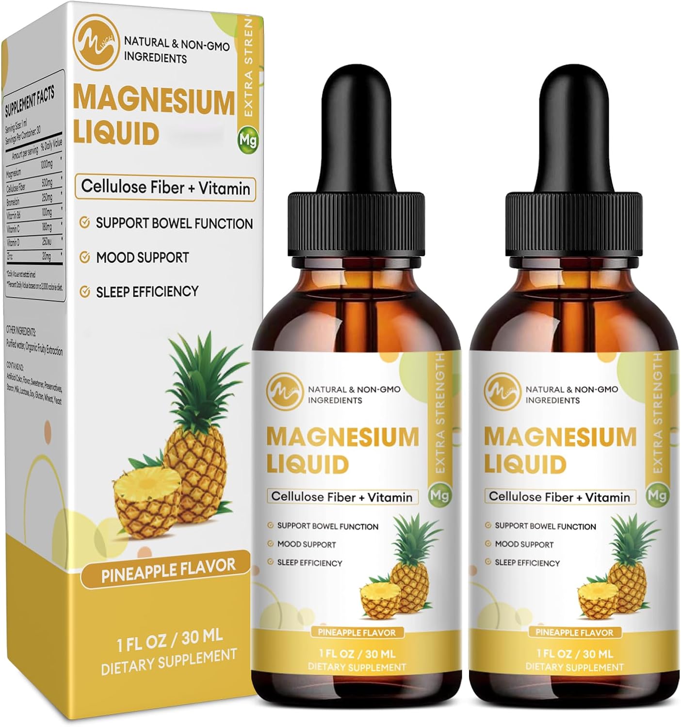 Magnesium Glycinate Liquid, High Absorption Magnesium Liquid Drops with Cellulose Fiber, Bromelain, Vitamin B6, C, D, Zinc, Magnesium Supplement for Kids and Adults, Pineapple Flavor, 2 Pack