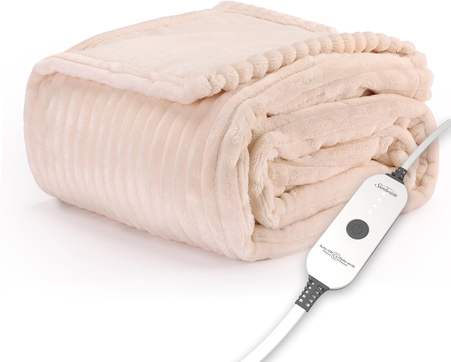 Sunbeam Royal Posh Ribbed Champagne Heated Personal Throw / Blanket, Cozy-Warm, Adjustable Heat Settings