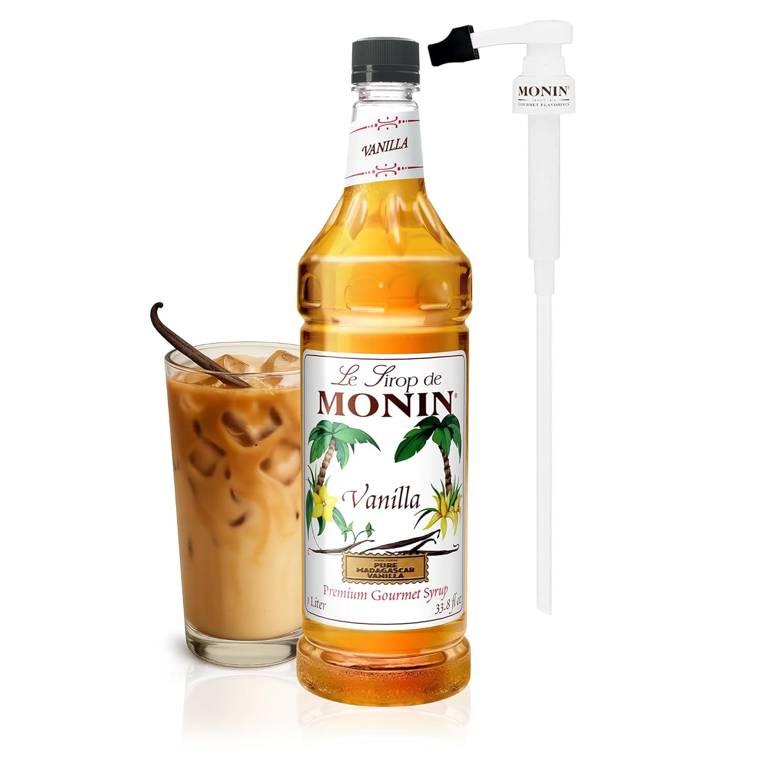 Monin - Vanilla Syrup with Monin BPA Free Pump, Boxed, Versatile Flavor, Great for Coffee, Shakes, and Cocktails, Gluten-Free, Non-GMO (1 Liter)