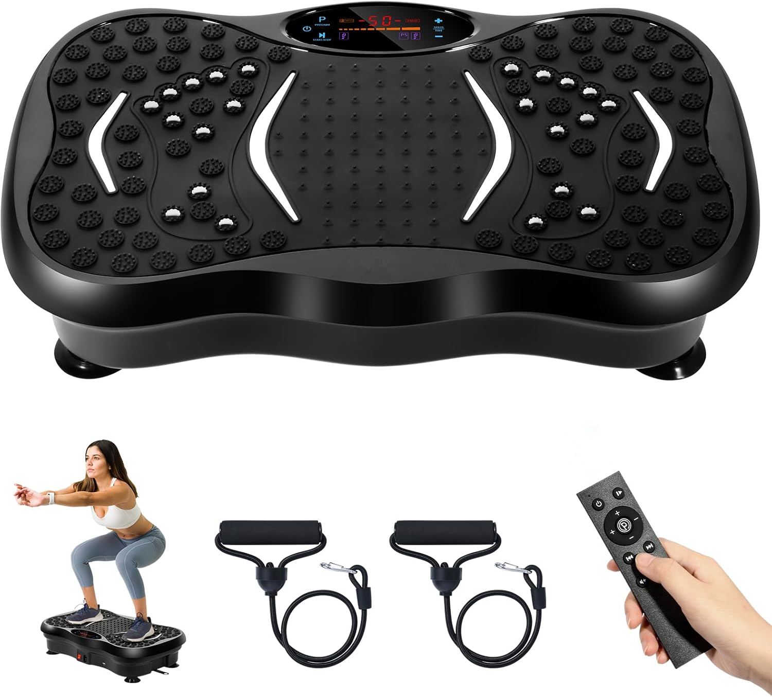 EVOLAND Vibration Plate Exercise Machine, Vibration Fitness Trainer with Bluetooth Speaker, 5 Program Modes, 2 Resistance Bands, Home Exercise Equipment for Fitness Body Toning