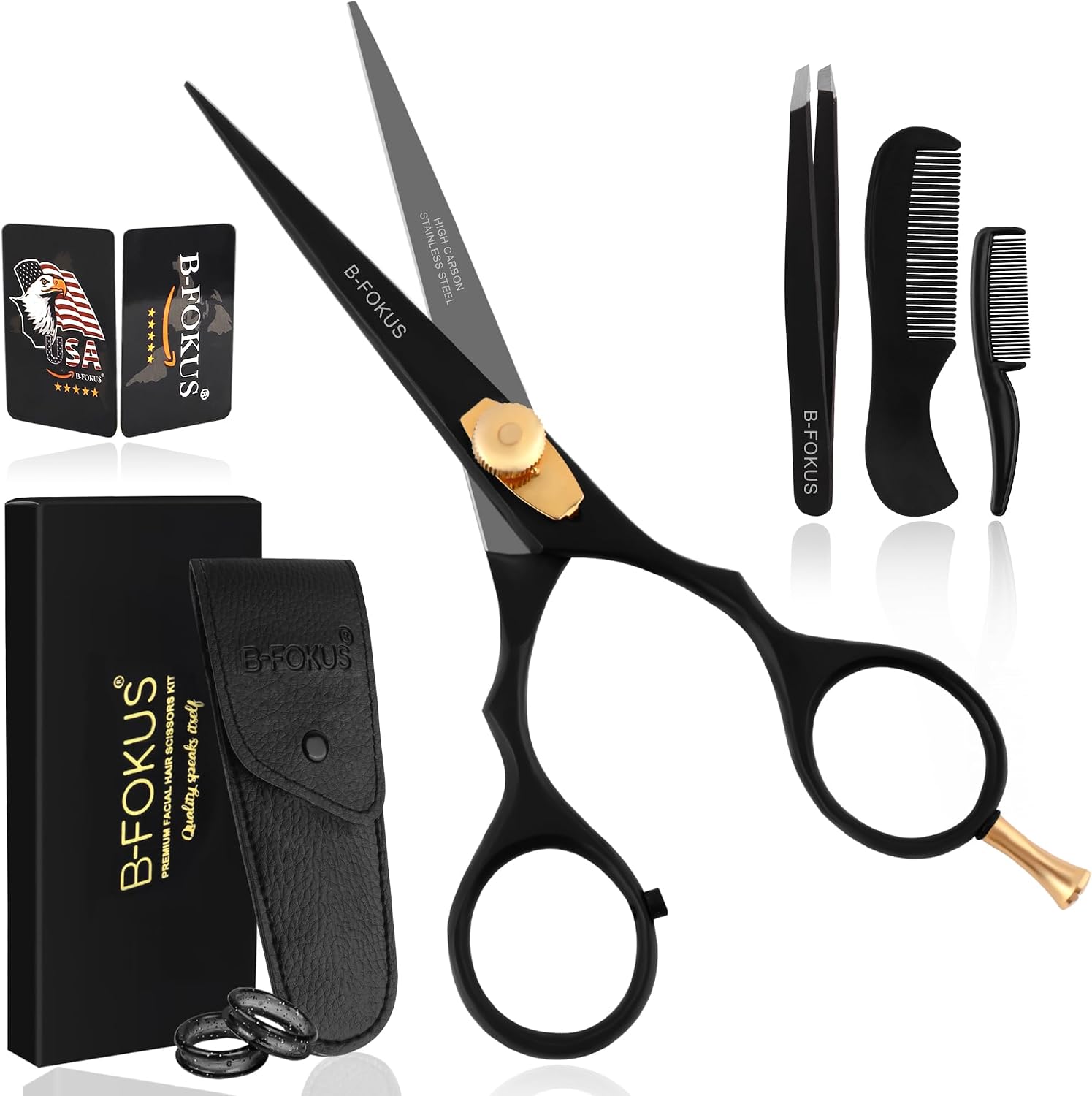 5.5” Hair Cutting Scissors for Hair, Mustache & Beard - Black Mustache and Beard Scissors for All Type Facial Hairs, Beard and Mustache Scissors with Pouch, Tweezers, Beard Comb and Mustache Comb.