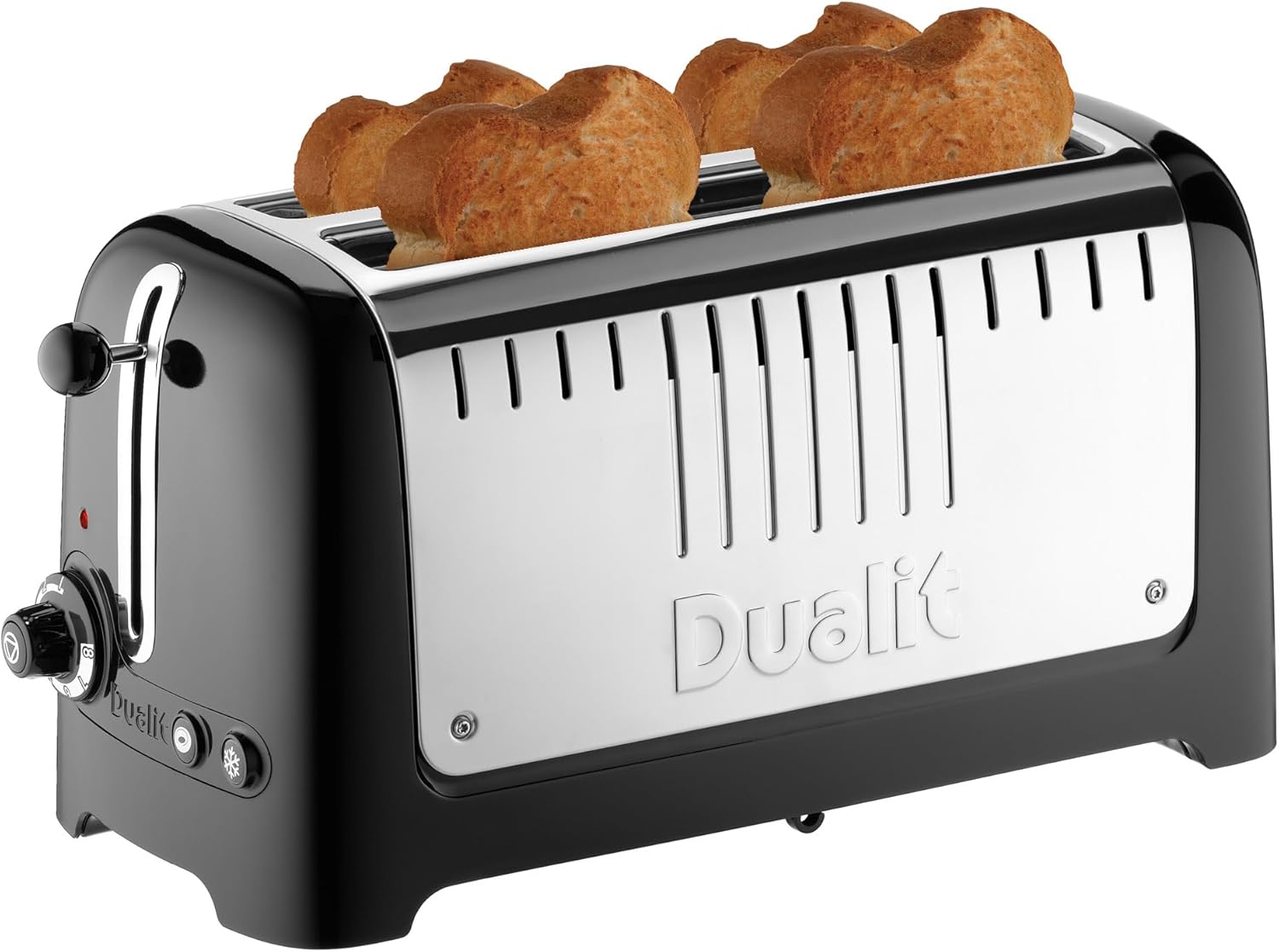 Dualit 2 Slice Longslot Toaster | 2kW | Perfect for artisan breads | Polished with High Gloss Black Trim | Bagel & Defrost Settings | 36 mm Wide Slots | Includes Warming Rack